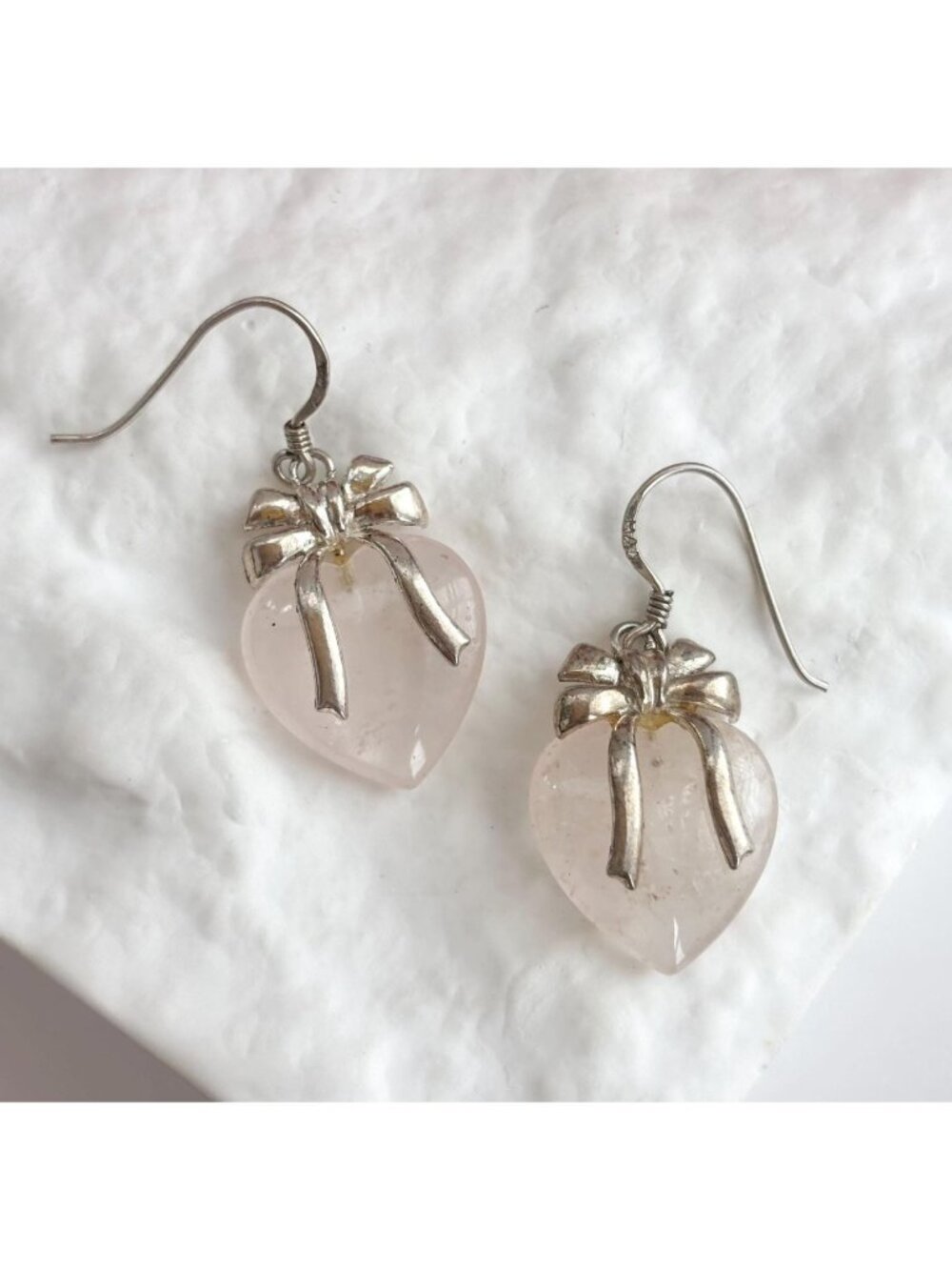 Rose Quartz Ribboned Bow Sterling Silver Hook 925 Dangle Drop Vintage Earrings